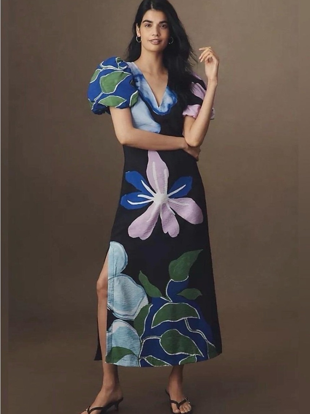 Anthropologie Black Maxi Dress with Blue, Green & Pink Floral Print
